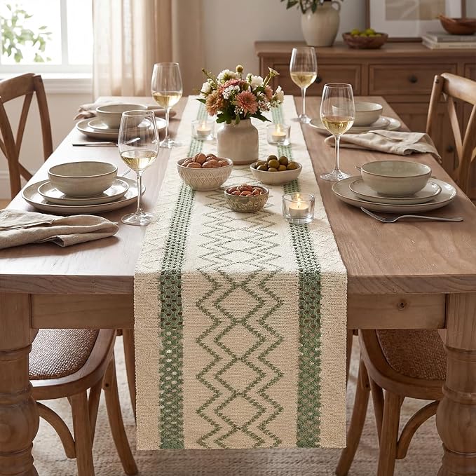 Artoid Mode Sage Green Stripe Diamond Woven Table Runner 12x48 Inch | Holiday - Image 2