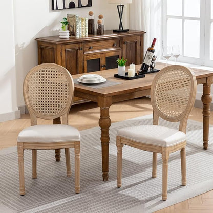 Vintage French Rattan Dining Chairs Set of 6, Solid Wood Frame with Round Rattan Back and Linen Upholstered Seat, Farmhouse Accent Sillas de Comedor Side Chairs for Dining Room & Kitchen, Beige