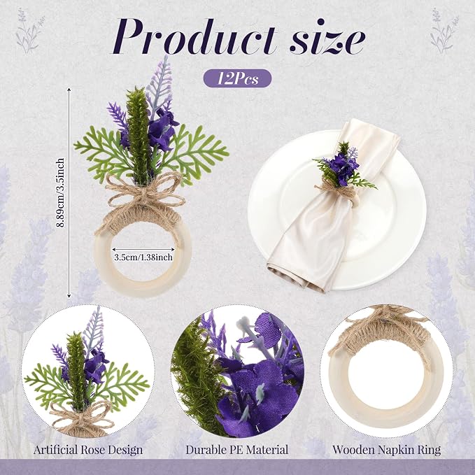 Flower Napkin Rings Set of 12 Wooden Purple Lavender Flowers Handmade Napkin - Image 2