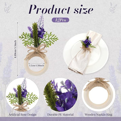 Flower Napkin Rings Set of 12 Wooden Purple Lavender Flowers Handmade Napkin - Image 2