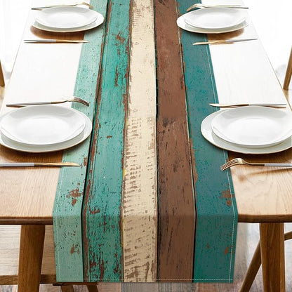 Vintage Farmhouse Wood Texture Dining Table Runner, Retro Rustic Teal | Brown by Croar