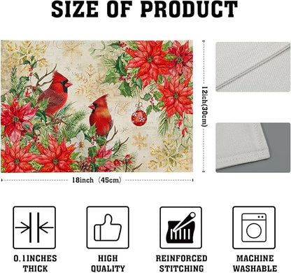 Winter Red Birds Placemats Set of 4 Xmas Holly Berry Pine Cones Place Mat for Kitchen Dining Decor 12 x 18 Inch Watercolor Poinsettias Linen Fabric Table Mats for Home Holiday Seasonal Party