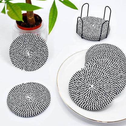 ABenkle 8 Pcs Drink Coasters with Holder, Cotton Woven Absorbent Coasters for Drinks, Minimalist Home Decor Coaster Set for Wooden Tabletop Protection Table, 4.3 inches