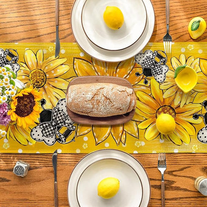 Artoid Mode Yellow Sunflower Bee Flower Polka Dot Summer Table Runner, Seasonal - Image 3