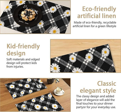 Daisy Floral 12x18 Inch Placemats Set of 6 - Waterproof, Non-Slip & Washable Table Mats for Kitchen & Dining Table Placemats