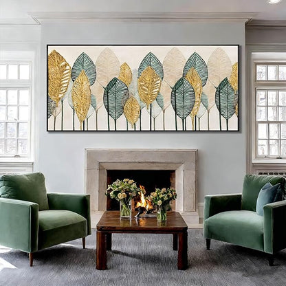 CHUDANHAO Green and Gold Wall Art Leaves Wall Decor Modern Canvas Painting 32"x70" Pictures for Dining Room Area Large Artwork for Living Room