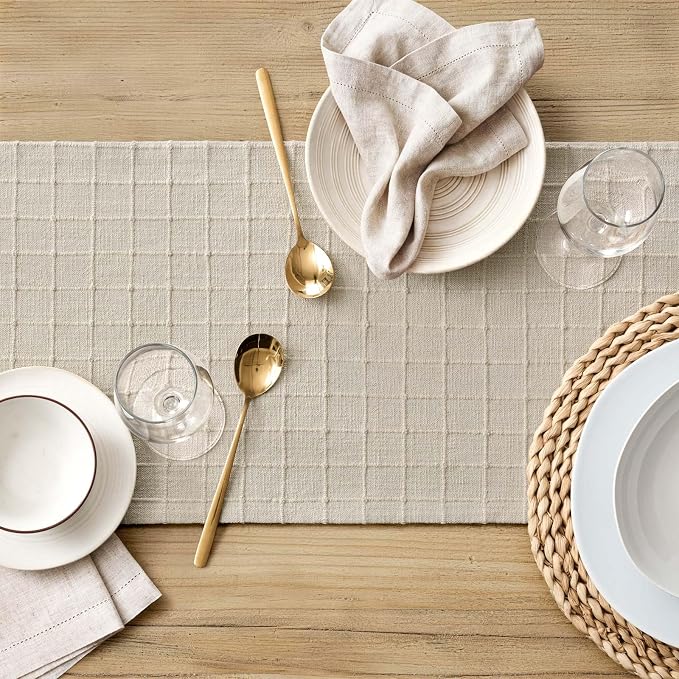 Artisanal Grid Linen Table Runner, 13x90 Inches Neutral Beige | Heavy Textured - Image 5