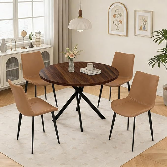 44" Round Dining Table with Chair Set for 4, Modern Mid-Century Dining Table Set of 4, Cozy Dinette Sets with Metal Leg for Kitchen Dining Room Apartment(Walnut Table + Brown Chairs)