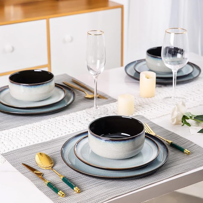 LeRatio Ceramic Dinnerware Sets for 6,Porcelain Plates and Bowls Sets,Handmade Reactive Glaze Dishes Set,Chip Resistant and Scratch Resistant | Oven&Dishwasher & Microwave Safe-Gray White(18PCS)