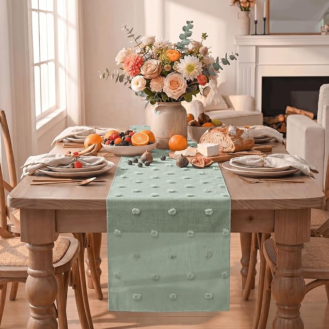 Artoid Mode Sage Green Pom Pom Tulle Table Runner, Seasonal Spring Washable - Image 2