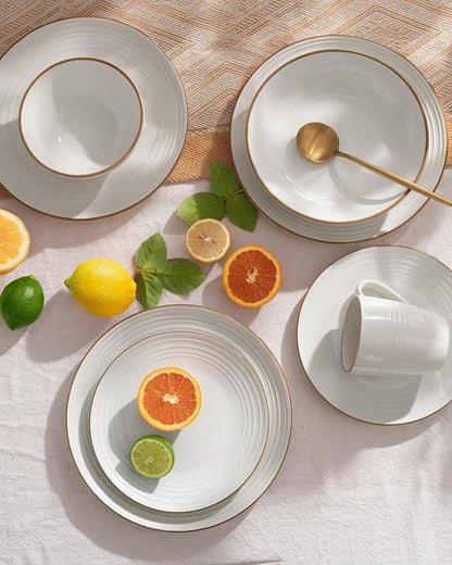 Famiware Jupiter Dinnerware Set, Plates and Bowls Dish Sets for 8 (24 Pieces), Microwave and Dishwasher Safe Stoneware Speckled Tableware, Chip and Scratch Resistant, White