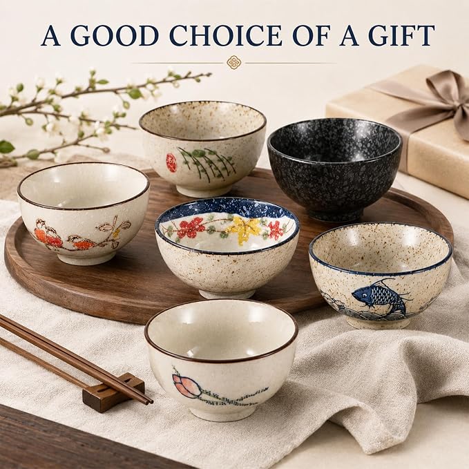 6 Pack Japanese Retro Rice Bowls Set | 4.5 Inch Small Soup Sushi Salad Dessert - Image 5