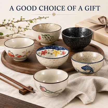 6 Pack Japanese Retro Rice Bowls Set | 4.5 Inch Small Soup Sushi Salad Dessert - Image 5