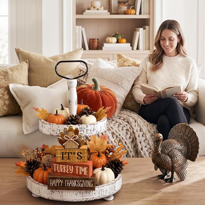 Moucuny 4 Pcs Fall Decorations for Home Wooden Turkey Decor Thanksgiving Tiered - Image 7