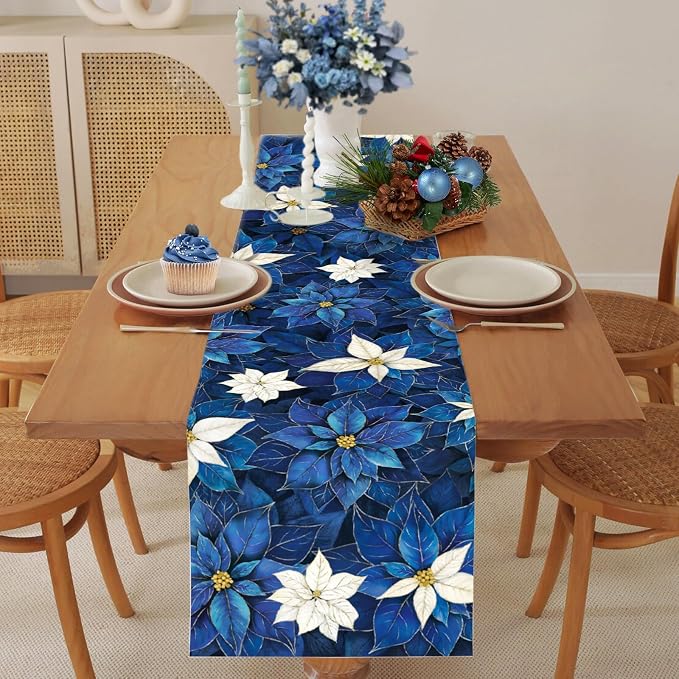 Winter Navy Blue Poinsettia Table Runner Christmas Floral Burlap Table Runners - Image 7
