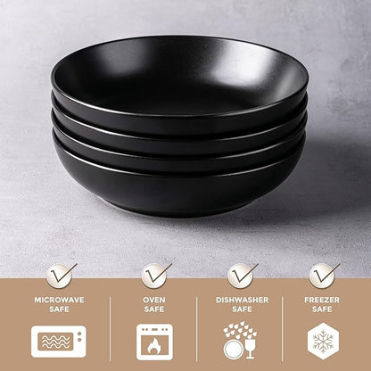 AmorArc 8.5 Inch Stoneware Pasta Bowls, 32oz Large Bowls Set of 4 for Kitchen, Wide Bowls for Pasta,Salad,Oatmeal, Microwave&Dishwasher Safe, Matte Black