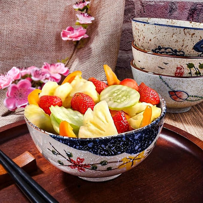 Japanese Retro Rice Bowls Set of 4 Hand-Painted Floral Design Ceramic Soup - Image 5