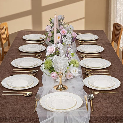 U-QE 60 Pcs Ivory Plastic Plates with Gold Trim – Scalloped Plate Disposable for Party - Elegant Plastic Plates Include 30 10.25" Dinner & 30 7.25" Dessert Plates for Party & Valentines Day
