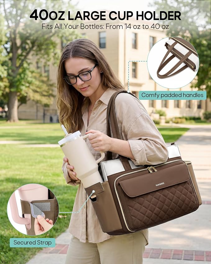 RAINSMORE Teacher Bag for Women, 15.6" Laptop Work Tote, 40oz Cup Holder | - Image 4
