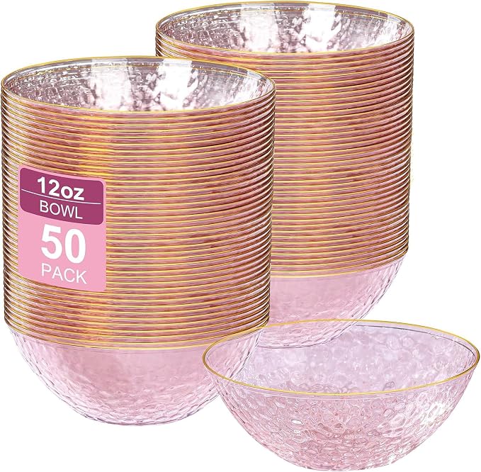 50 Pack 12 Ounce Pink Plastic Bowls Serving Bowls Hammered Clear Bowl by I00000