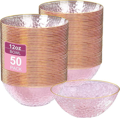 50 Pack 12 Ounce Pink Plastic Bowls Serving Bowls Hammered Clear Bowl by I00000