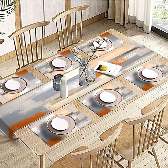 Orange and Grey Table Runner and Place Mats Set of 6 Abstract Modern Table - Image 5