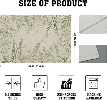 Green Plants Wild Fern Table Mats for Kitchen Set of 4,Green Leaves Botanical Washable Heat-Resistant Linen Fabric Desk Mats 12x18 Inch for Seasonal Home Party Dining Decor