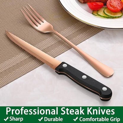 49-Piece Rose Gold Stainless Steel Silverware Sets With Organizer And Steak Knives Service For 8,Includes Knife Spoon And Fork Untensils Sets,Flatware Sets With Cutlery Tray