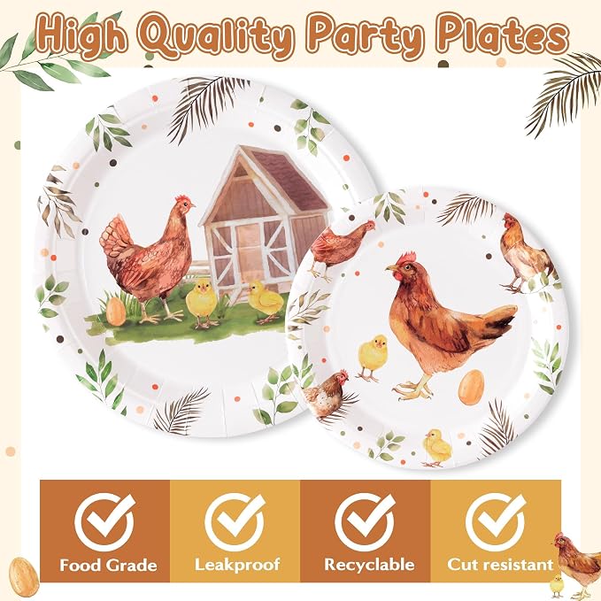 96Pcs Chicken Barnyard Farm Animal Watercolor Hen Chick Party Plates Supplies - Image 3