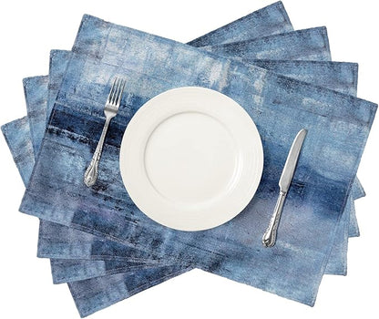 Blue and Grey Placemats Set of 4 Modern Abstract Art Placemats Heat Resistant Non-Slip Artwork Dining Placemats Washable Table Mats for Home Kitchen (Blue and Grey, 18"X12")
