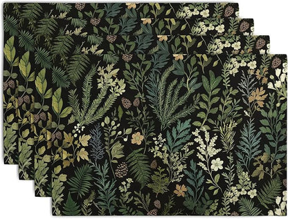 Black Sage Green Plant Placemats Set of 4 Vintage Botanic Fern Leaves Herb Floral Place Mats Rustic Farmhouse Linen Fabric Table Mats for Party Kitchen Dining Outdoor Indoor Decor
