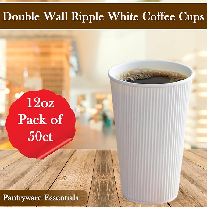 12oz Double Wall Ripple White Paper Coffee Cups- Pack of 50ct - Image 2