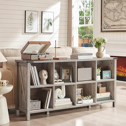 8 Cube Book Shelf, Farmhouse Wood Long Storage Organizer Bookcase, 62" Horizontal Grey Oak Console Closet Bookshelf, Hallway TV Stand for Entryway, Display Cabinet Book Case for Living Room