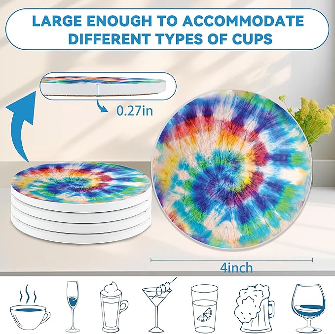 Drinks Coasters Set of 4, Rainbow Tie-Dye Round 4" Cup Coasters, Absorbent Ceramic Stone Coasters with Cork Base, Cute Coasters for Table Home Décor, Ideal Gifts for Women Men