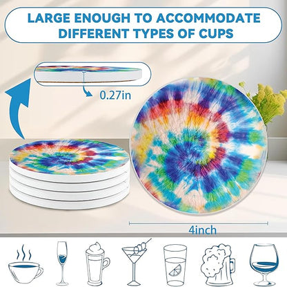 Drinks Coasters Set of 4, Rainbow Tie-Dye Round 4" Cup Coasters, Absorbent Ceramic Stone Coasters with Cork Base, Cute Coasters for Table Home Décor, Ideal Gifts for Women Men