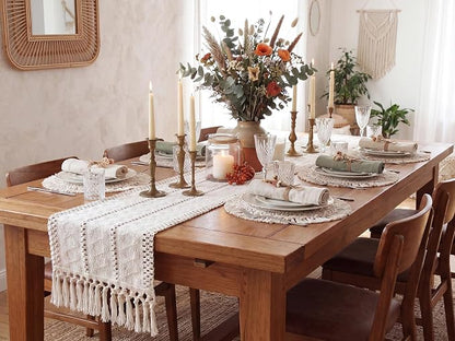 Boho Table Runner with Tassels White - Image 4