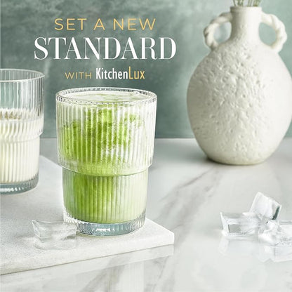 Kitchen Lux Ribbed Glass Cups 15oz Lowball Short Rocks Glass | Stackable Ribbed - Image 6