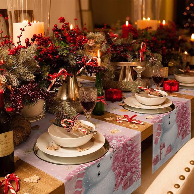 Pink Christmas Snowman Table Runners 72 Inches Long, Cotton Linen Fabric - Image 2