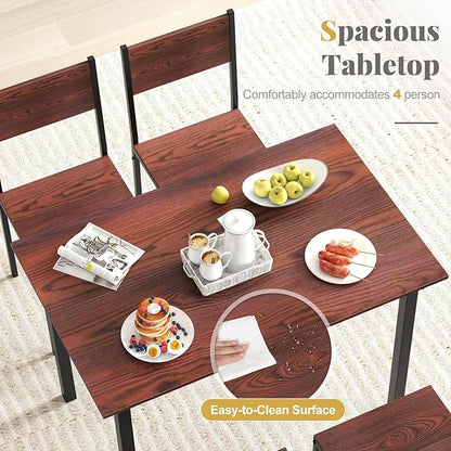 COSTWAY Dining Table Set for 4, Rectangular Kitchen Table and Chairs Set with Backrest, Metal Frame, Space-Saving Dinette Set, Breakfast Nook Table Set for Small Space, Apartment, Dorm (Walnut)