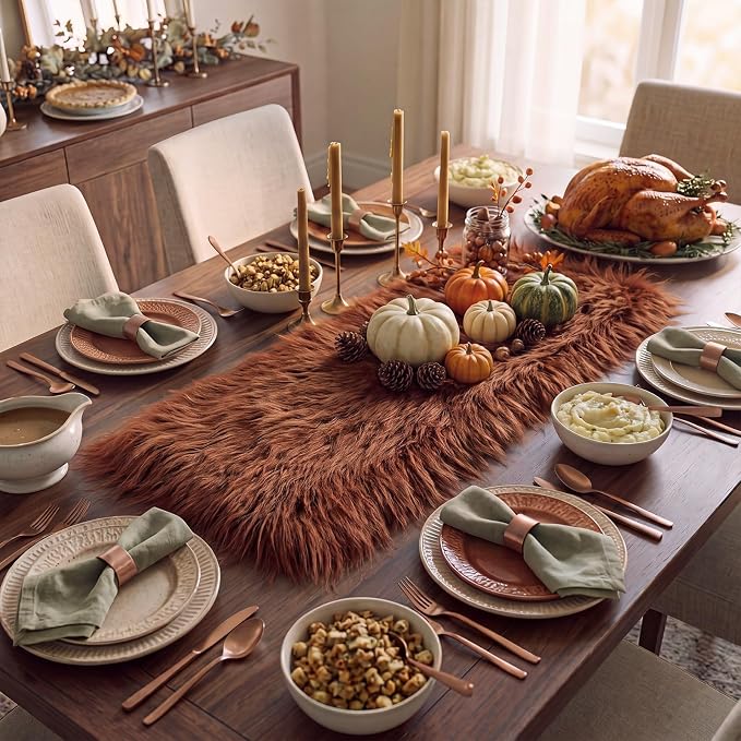 Irenare Fall Thanksgiving Table Runner Terracotta Decor Small Luxury Faux Fur - Image 3