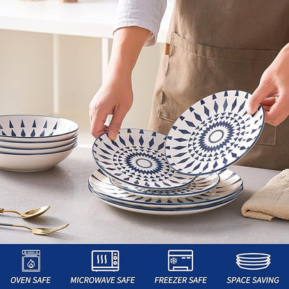 Bestone 12-Piece Round Porcelain Dinnerware Set, Service for 4, Chip Resistant Plates and Bowls,Blue, Dishwasher & Microwave Safe for Home Daily Use