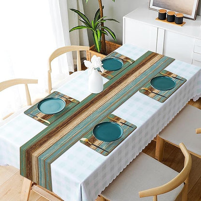 Mcalk Farmhouse Table Runner and Placemats Set of 6 Pieces, Teal and Brown Placemats Wooden Texture,Rectangle Cloth Place Mats Indoor for Kitchen,Washable Placemats Linen Material for Living Table