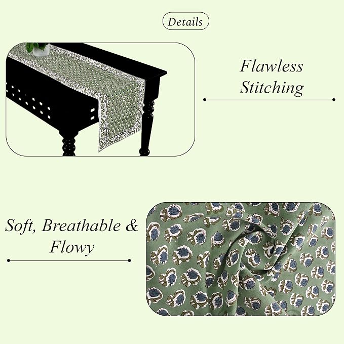 Basil Green Hand Block Print 100% Cotton Table Runner 16x70 Inch | Perfect - Image 2