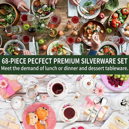 68 Pieces Silverware Set with Serving Utensils Set, CEKEE Stainless Steel Flatware Set for 12, Heavy Duty Cutlery Set, Kitchen Utensil Sets for Home Restaurant, Mirror Finish, Dishwasher Safe