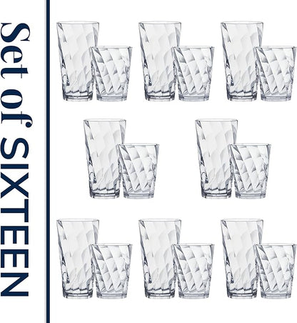 US Acrylic Optix Plastic Reusable Drinking Glasses (Set of 16) 14oz Rocks & 20oz Water Cups in Clear | BPA-Free Tumblers, Made in USA | Top-Rack Dishwasher Safe
