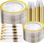 Rubtlamp 350 Pcs Clear Gold Plastic Plates, Disposable Dinnerware, Clear-Gold Plates Set Include 50 Dinner Platos 50 Dessert Platos, 50 Cups, 50 Pre Rolled Napkins with Cutlery Set for Party