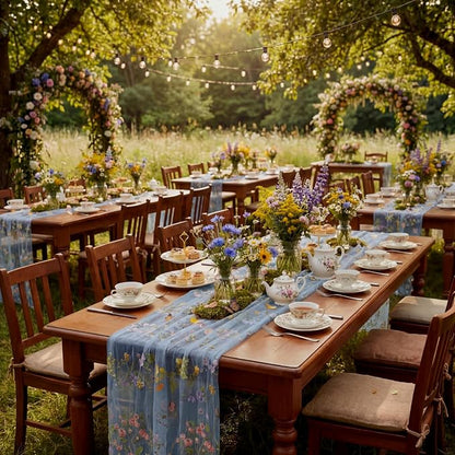 Blue Floral Table Runner 10ft Embroidery Tulle Spring Wildflower Table Runner - Image 7