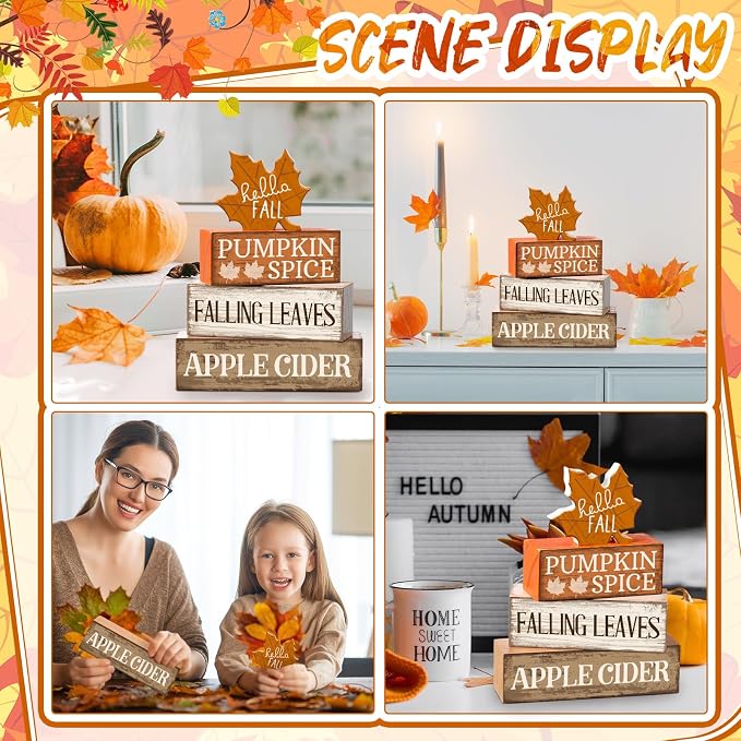 Moucuny 4 Pcs Fall Decor Wooden Maple Leaf Decoration Thanksgiving Tiered Tray - Image 4