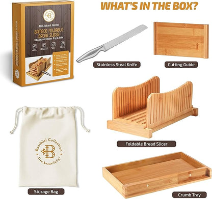 Bread Slicer for Homemade Bread - Adjustable Bamboo Bread Cutter with Knife, Foldable Slicing Guide & Crumb Tray - Bread Loaf Slicer for Sourdough, Cakes, Bagels, Loaves - Kitchen Gadgets Baking Gifts