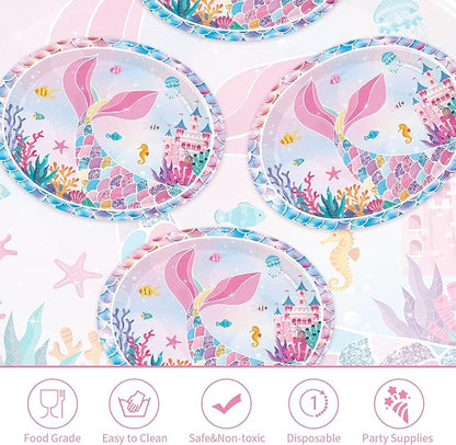 50Pcs Mermaid Birthday Oval Paper Plates 10" x 12" Large Disposable Heavy Duty Iridescence Paper Platters Mermaid Themed Dessert Plates for Under the Sea Themed Birthday Party Supplies